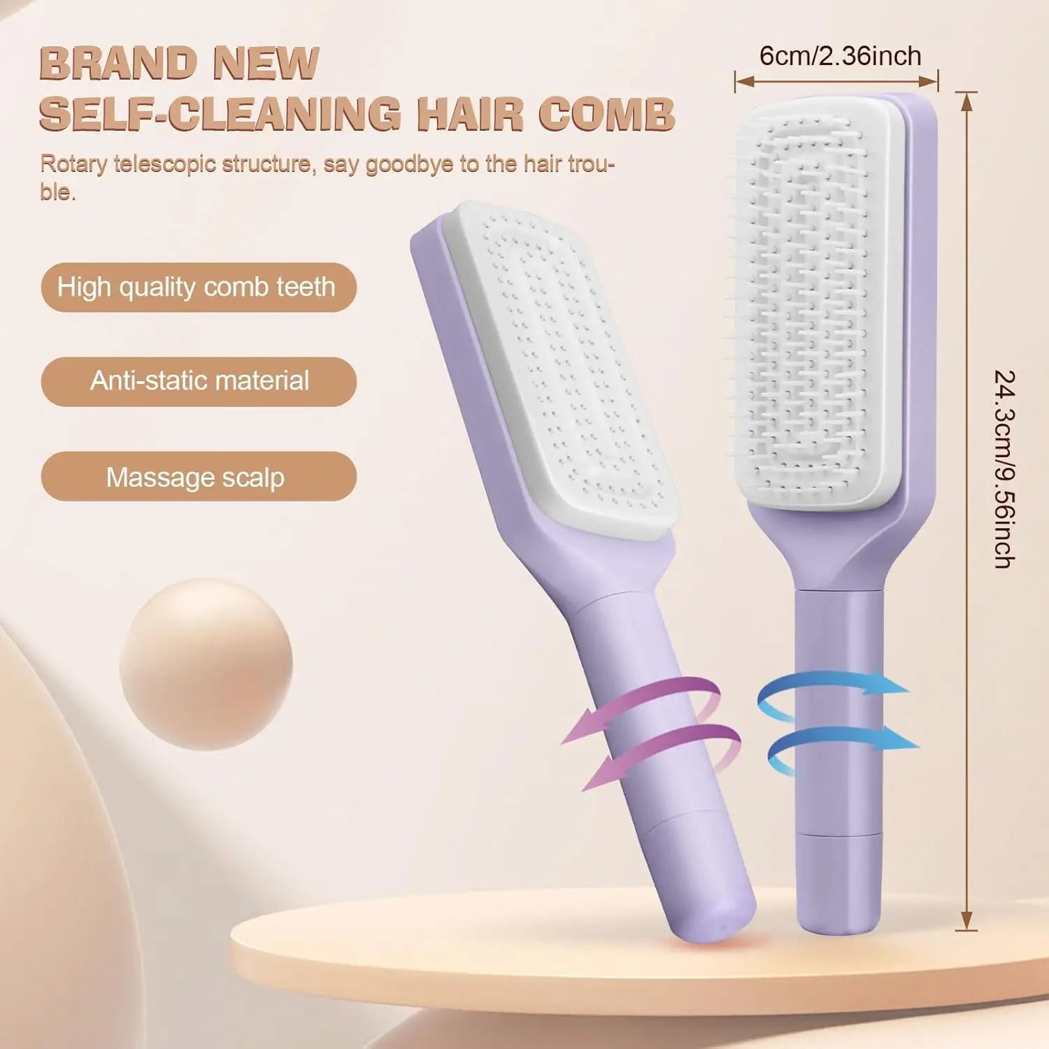 Brosse à cheveux autonettoyante, brosses à cheveux pour femme, peigne de nettoyage en un clic, peigne à cheveux bouclés, peigne airbag 3D, peigne rétractable, adapté à tous les types de cheveux,